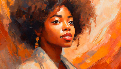 Impressionist painting with the close-up of an Afro woman in profile. Clear brush strokes. Predominant peach color.