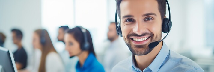 Smiling European man with headphones and microphone in call center, banner