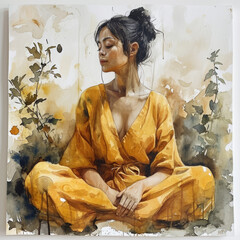 Woman in meditation pose with yellow robe, tranquil watercolor, mindfulness and serenity theme.