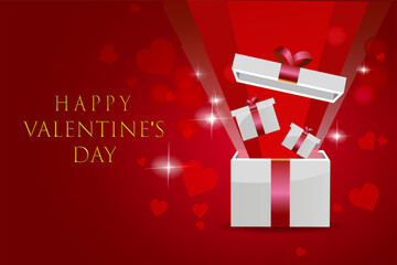 Valentine's day design. Realistic red gifts boxes. Open gift box full of decorative festive object. Holiday banner, web poster, stylish brochure, greeting card, cover. Romantic background