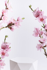 Obraz premium Podium or pedestal for cosmetics product decorated with cherry blossom twigs. Cosmetic template