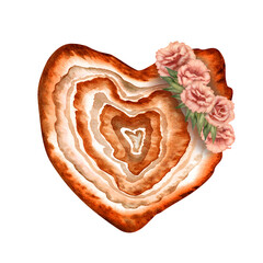 Watercolor heart with stone texture with eustoma flowers in a fashionable peach fuzz palette for Valentine's Day, horoscope, alchemy, magic, Halloween, for health amulet, postcard, stickers