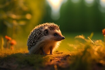 side view of hedgehog during golden hour. Generative AI