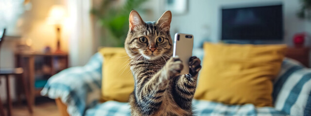 adorable cat holding a smartphone as if taking a selfie, with a cozy home background lit by warm lights. - obrazy, fototapety, plakaty
