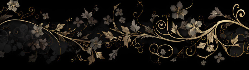 ultra-wide background pattern showcases a delicate, intricate, and ethereal filigree design against a deep black background, delivering a sophisticated and dramatic aesthetic 