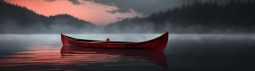 Ultra-wide tranquil and picturesque vista where an empty canoe peacefully rests on the serene waters of a misty lake bathed in the warm hues of a sunset, with silhouetted trees standing majestically