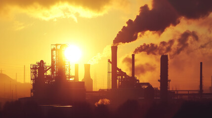 Naklejka na ściany i meble Smoking steelworks at sunset - environment pollution concept