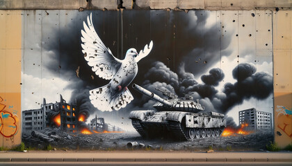 White dove symbol of Peace graffiti on a war damaged wall.Bombed out tank and damaged buildings.