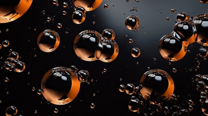 Close up macro oil water drops on dark surface, cosmetic serum laboratory tests.