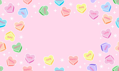 Frame with sweet heart candy. Sweetheart candies background, conversation sweets for valentines day, valentine sugar food hearts. Heart shape message letter candy background