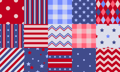 Fototapeta premium Seamless patterns set. Blue USA background with stars and red and white stripes. Patriotic background for Memorial day, Veteran's day, Martin Luther King Day and Columbus Day, Independence holiday