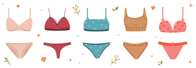 Vector set of lingerie sets, women's underwear, panties, bikinis, bras and tops - obrazy, fototapety, plakaty