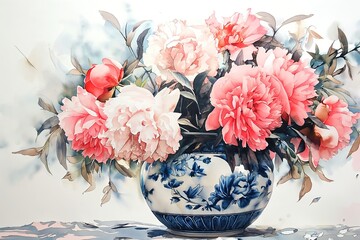 Peonies in a vase in the center