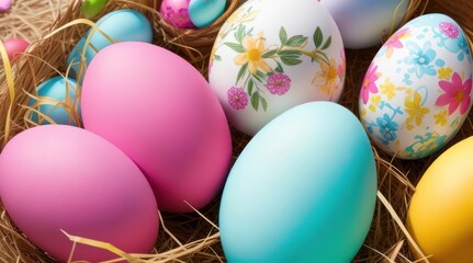 Fototapeta na wymiar Easter, painted multicolored eggs in a basket, birds nest, wicker basket, top view