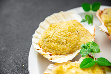 scallop souffle crustacean seafood Saint Jacques terrine baked stuffed fresh delicious eating cooking appetizer meal food snack on the table copy space food background rustic top view