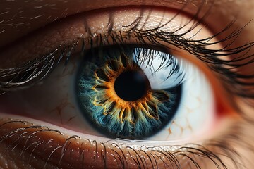 Macro shooting of blue eye. reflection at eyeball is clear. optics salon