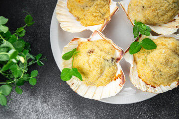 scallop souffle crustacean seafood Saint Jacques terrine baked stuffed fresh delicious eating...