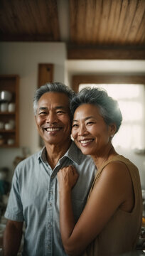 Tender and emotional adult couple, retired couple hugging inside the home, smiling and complicit, concept of happiness, love and companionship in old age. High quality photo