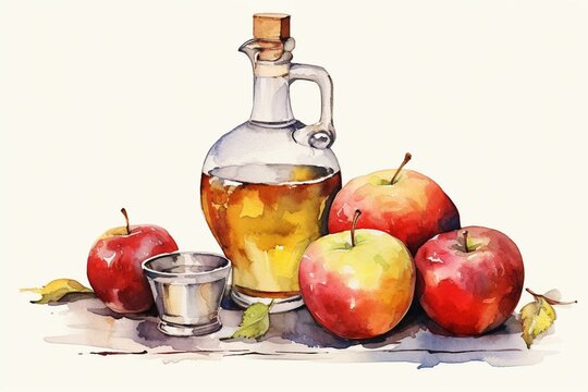 Illustration of vinegar with apple and bottle on white. Generative AI
