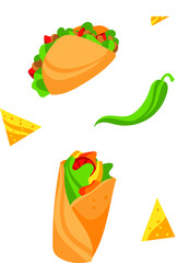 Colorful Mexican food illustration with a taco, burrito, chili pepper, and nachos. Delicious street food vector illustration.