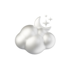 cloud crescent moon star silver white material 3d rendered weather icon for ui design or web banner transparent background