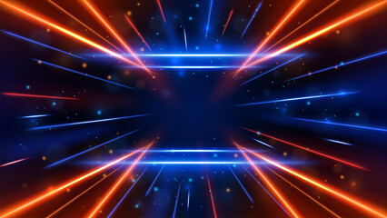 Perspective Glowing Blue and Orange Light Lines with Speed Motion Blur Effect on Dark Background, Vector Illustration