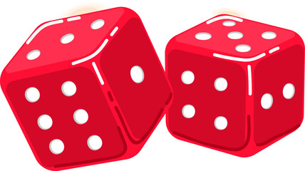 Two red dice showing different numbers on white background. Casino gambling and chance concept vector illustration.