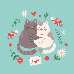 Two cute cats in love hugging together. Romantic kittens couple in frame of flowers, twigs, hearts and fish. Vector flat illustration for valentines day poster, banner, greeting card