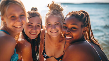 Group of smiling laughing young women posing at the beach wearing swimsuits looking at the camera - obrazy, fototapety, plakaty