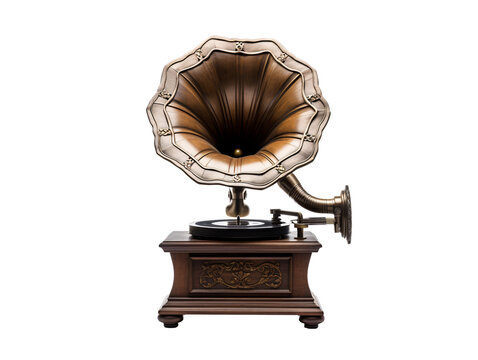 a brown gramophone on a wooden box