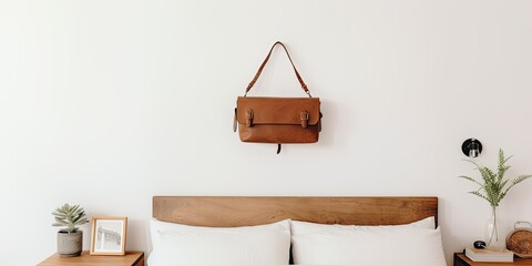 Minimalistic bedroom decor with a wooden hook rack displaying a vintage camera, mirror, and canvas bag on a white wall. Smart storage idea for an eco-friendly life.