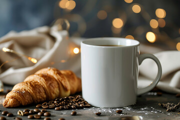 a coffee cup and croissant on a table - obrazy, fototapety, plakaty