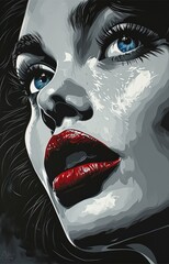 Close up fashion portrait of seductive sexy woman with big blue eyes, red lips. AI generated.
