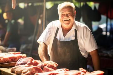 Mature man farmer at a meat counter at the market. A friendly farmer sells fresh meat. - obrazy, fototapety, plakaty