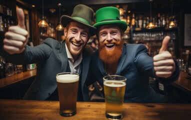 Two funny men with green hats in bar are enjoying their st patrick's day - obrazy, fototapety, plakaty