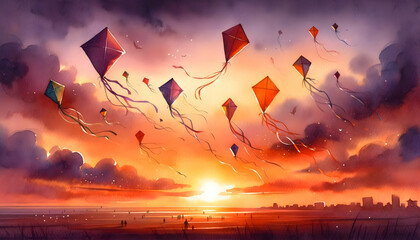 Watercolor illustration of flying kites at sunset. - obrazy, fototapety, plakaty