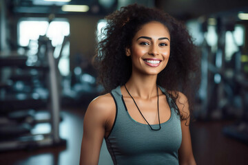 Attractive black woman in sportswear stands against the backdrop of a gym and exercise equipment. Personal trainer in a sports club smiles and looks at the camera. - obrazy, fototapety, plakaty