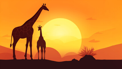 Fototapeta na wymiar Giraffe and baby giraffe against the backdrop of the setting sun. Banner with free space for text