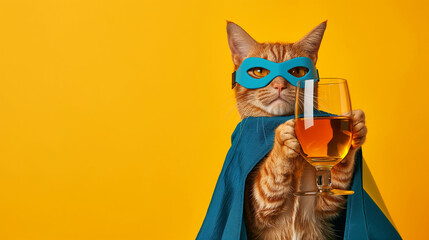 The cat superhero is holding  a glass of whiskey. Yellow background, copy space.