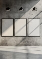 Three frames hanging on a rough concrete wall mockup 