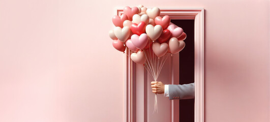 Hand Releasing Heart Balloons Through Door. Valentine's day concept.