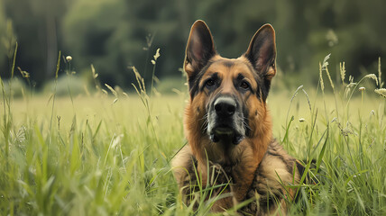 Alert German Shepherd on patrol in a grassy field, embodying the essence of a working dog - obrazy, fototapety, plakaty