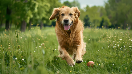 Active Golden Retriever fetching a ball in a lush green meadow, conveying energy and fun