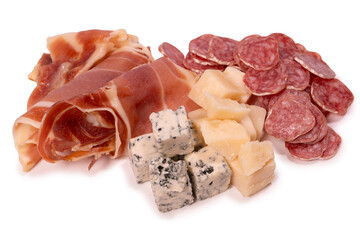Cheese, olives, salami, jamon isolated on a white backgrund.