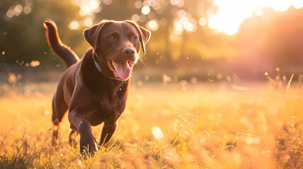 Chocolate Labrador Retriever playing fetch in a sunlit field, capturing joy and motion - obrazy, fototapety, plakaty