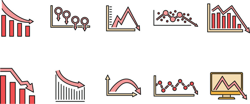 Regression chart icons set. Outline set of regression chart vector icons thin line color flat on white