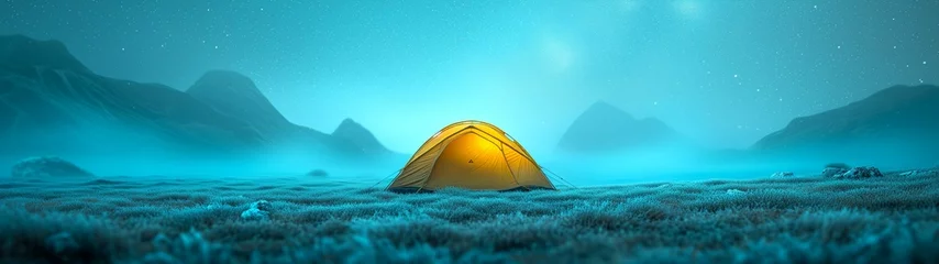 Photo sur Plexiglas Plage de Camps Bay, Le Cap, Afrique du Sud A pitched tent under the glowing night sky stars of the milky way