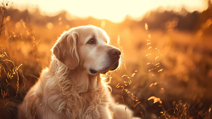 Serene Golden Retriever at golden hour, with warm sunlight highlighting its fur