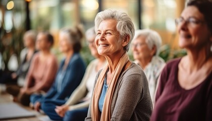 Yoga fitness, clases y entrenamiento de mujeres mayores para el bienestar de la tercera edad. Personas mayores entusiastas del deporte haciendo ejercicio durante una clase de entrenamiento de yoga. - obrazy, fototapety, plakaty