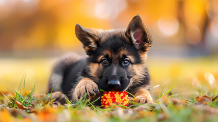 Young German Shepherd puppy chewing a toy, capturing a moment of playful innocence - obrazy, fototapety, plakaty